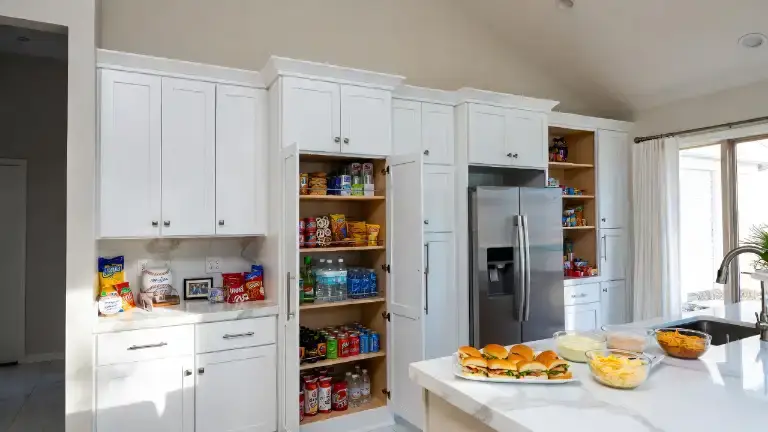 Bright white shaker-style kitchen cabinets stocked with snacks for a game-day party, with sandwiches and dips laid out on the island