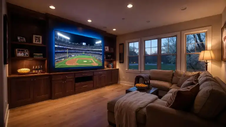 Cozy game room with dark wood entertainment built-ins, big-screen TV showing a baseball game, and rich hardwood flooring