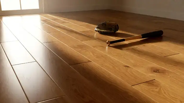 Honey-toned hardwood flooring with a baseball bat and leather glove resting on the planks in afternoon light