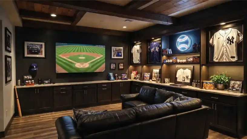 Yankees-themed man cave with hardwood flooring, big-screen TV showing a baseball game, leather sofa, and team memorabilia on the walls
