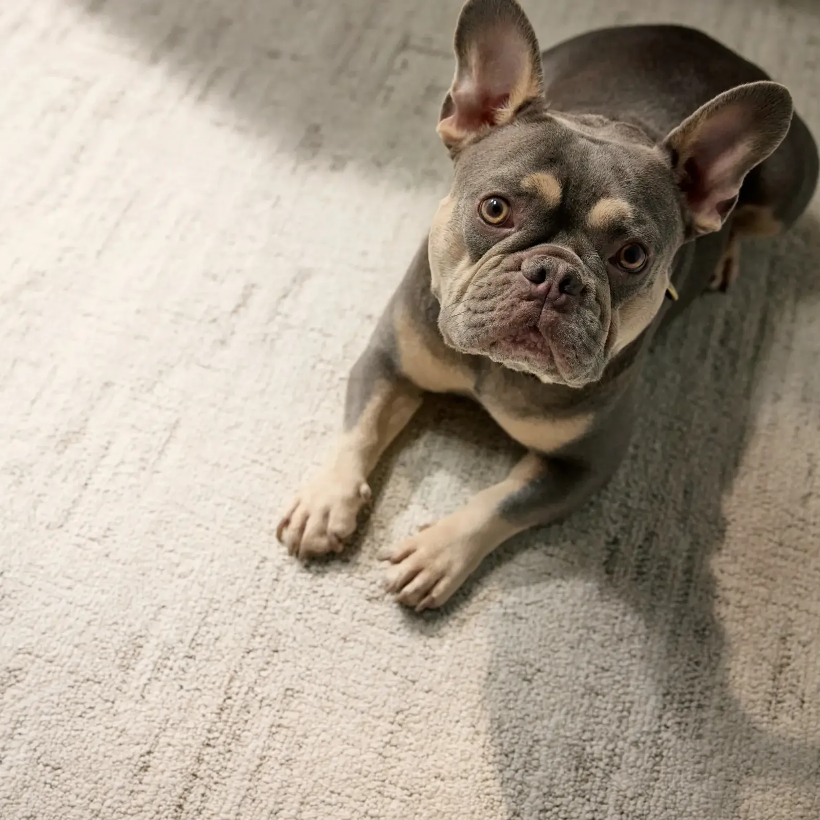 French Bulldog lying on textured cream-gray carpet, pet-friendly flooring from Blackburn's Interiors in Winter Haven, FL