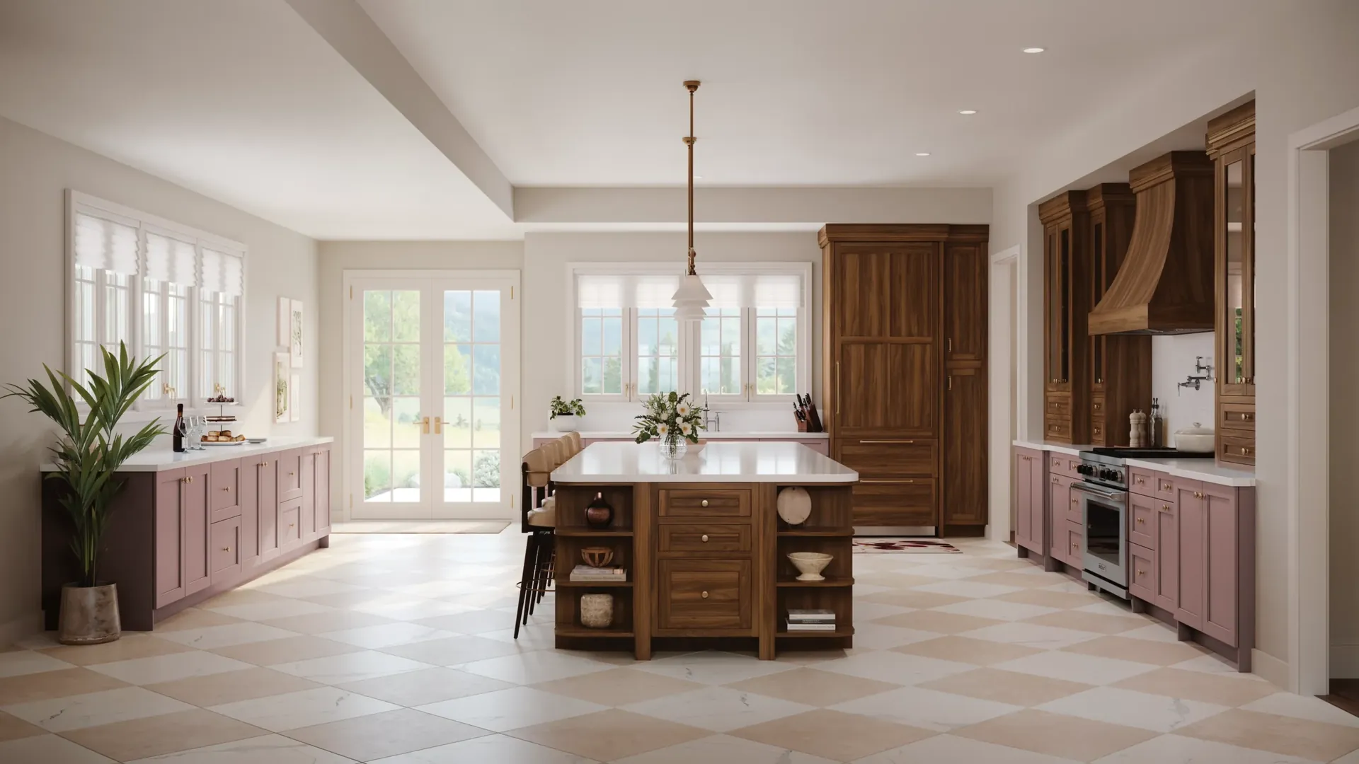 A white kitchen with a warm-toned island, from the Medallion cabinet line we carry