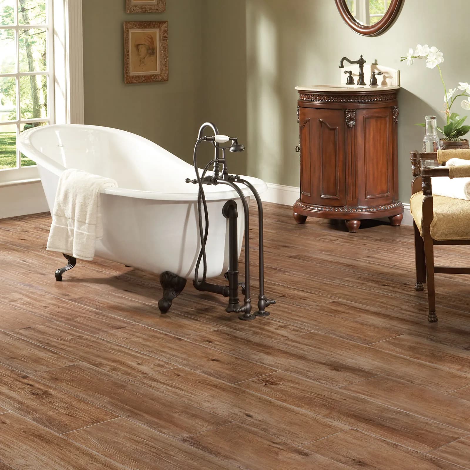 Wood-look porcelain tile flooring by Marazzi, American Estates in Natural, in an open living and dining space
