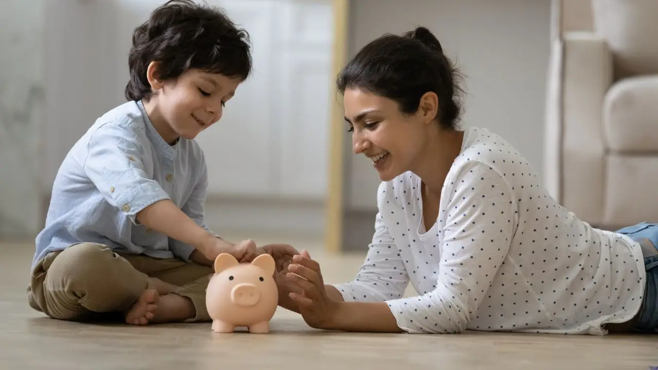 Mother and young son sitting on a hardwood floor playing with a piggy bank, illustrating family-friendly flooring on a budget