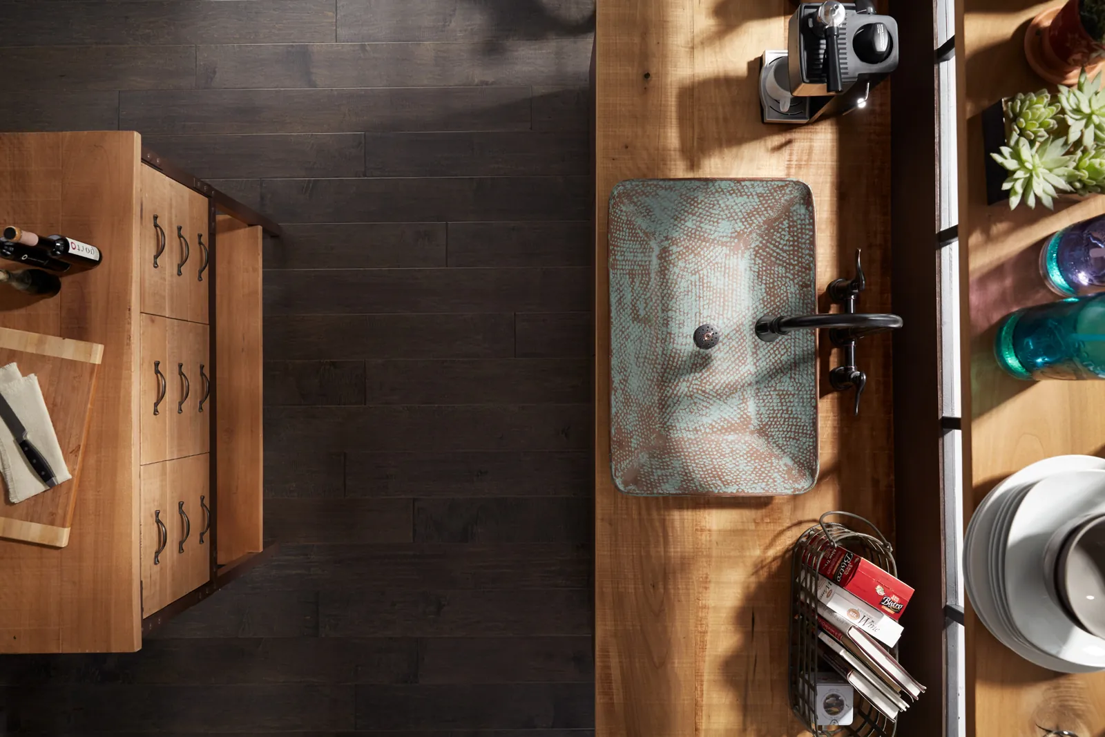 Overhead view of smoky brown maple hardwood in a kitchen