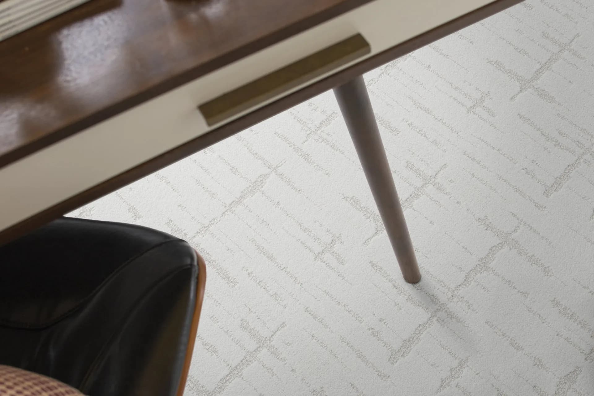 Shaw Rustique Vibe loop-style carpet in a light Purity tone in a room setting