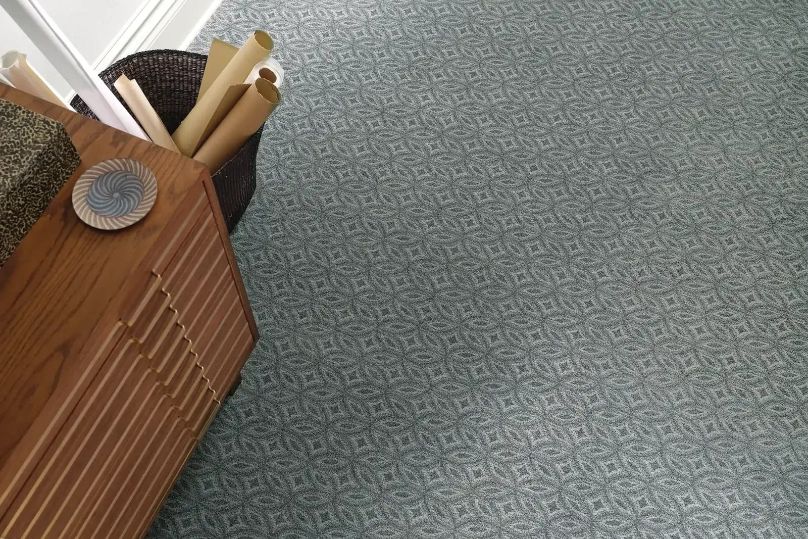 Overhead close-up of Shaw Enlightened carpet in a denim blue tone