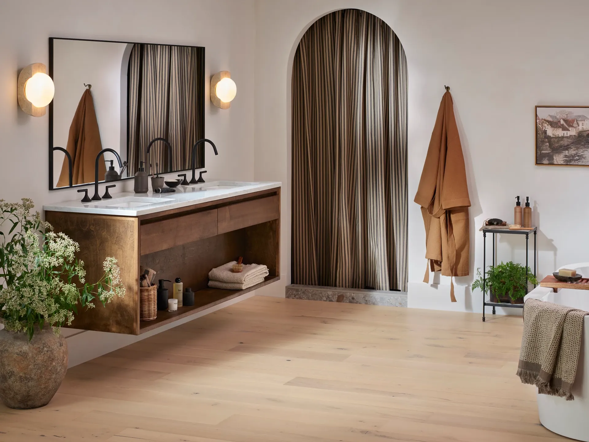 Anderson Tuftex Coast to Coast hardwood flooring, Sandbar color, in a modern bathroom setting