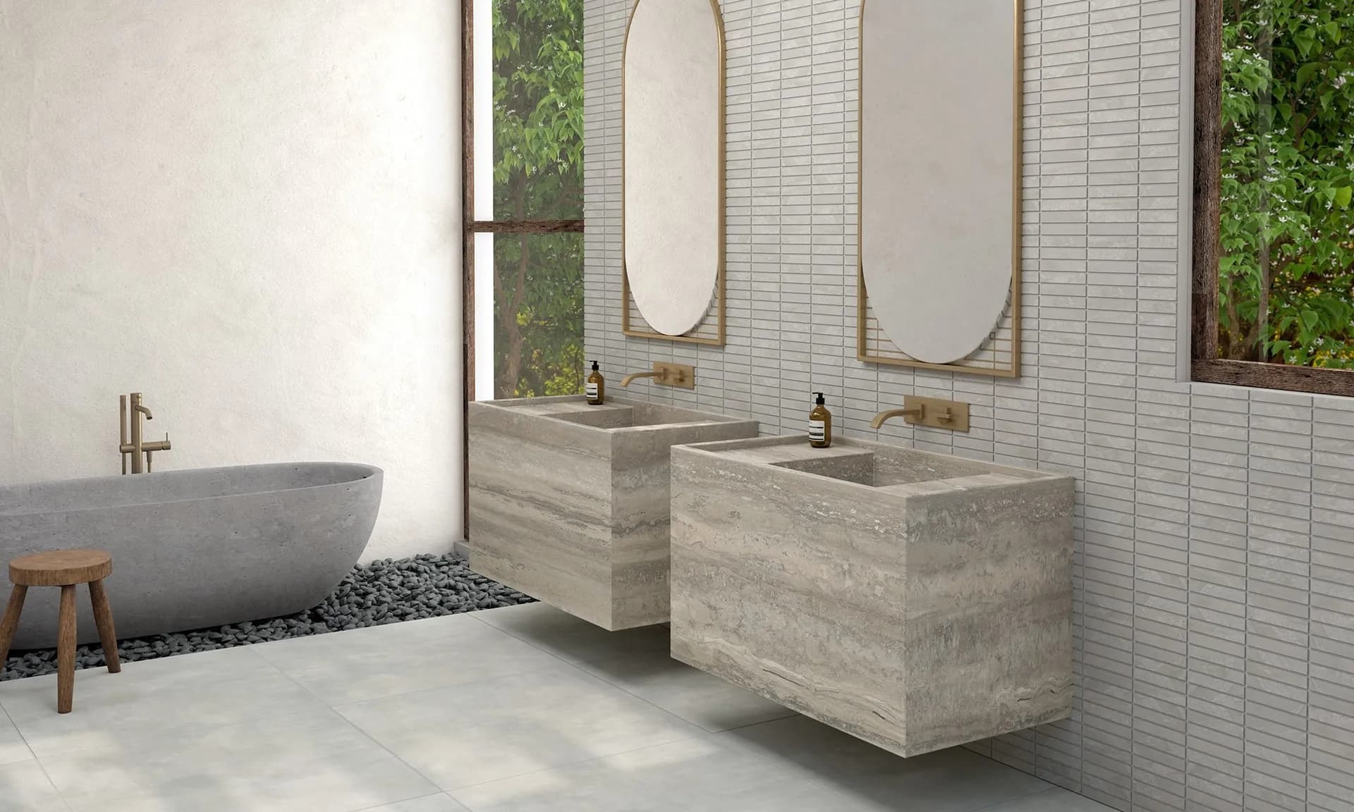 Light greige travertine-look porcelain tile flooring in a spa-style bathroom, from the Daltile line we carry