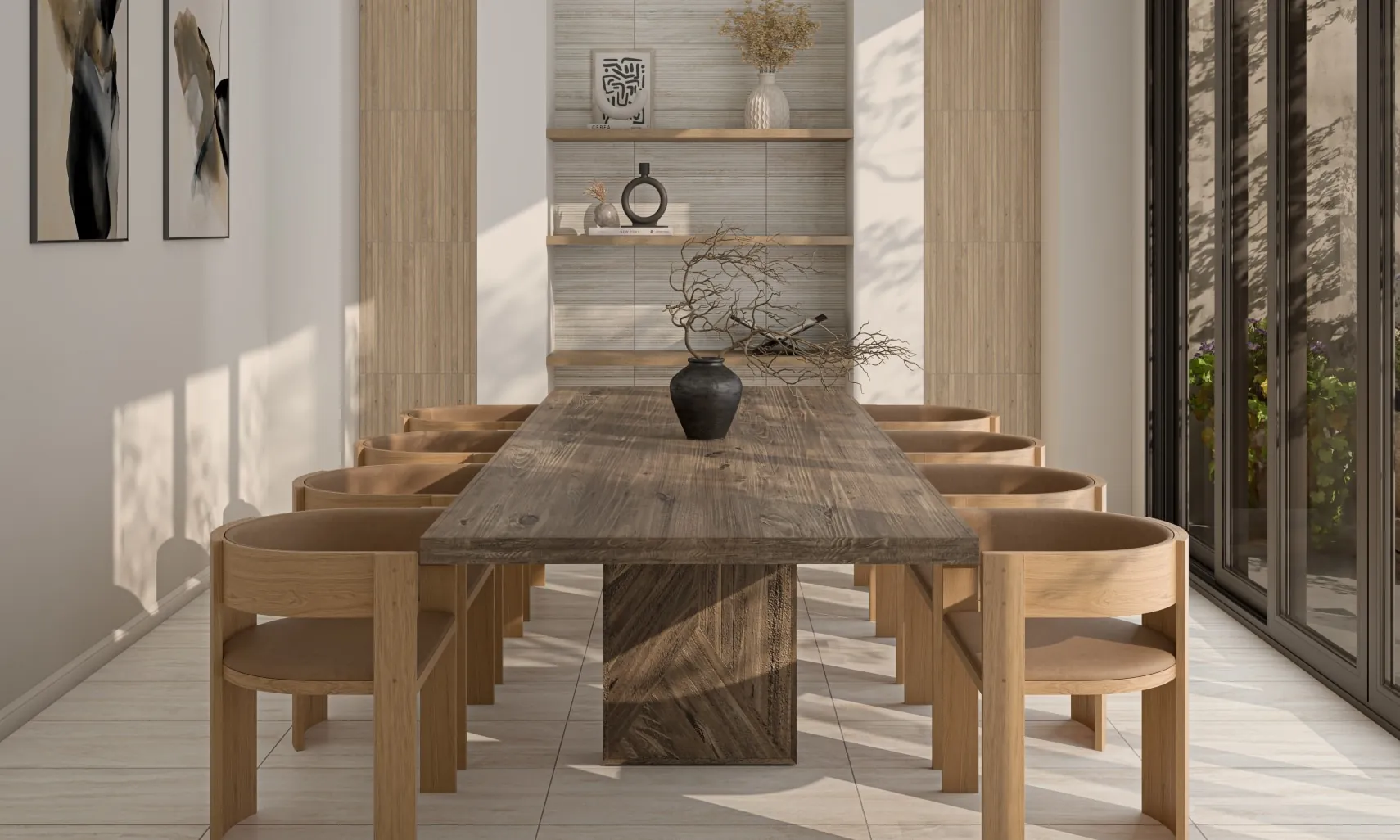 Light greige stone-look porcelain tile flooring in a sunlit dining room, from the Daltile line we carry