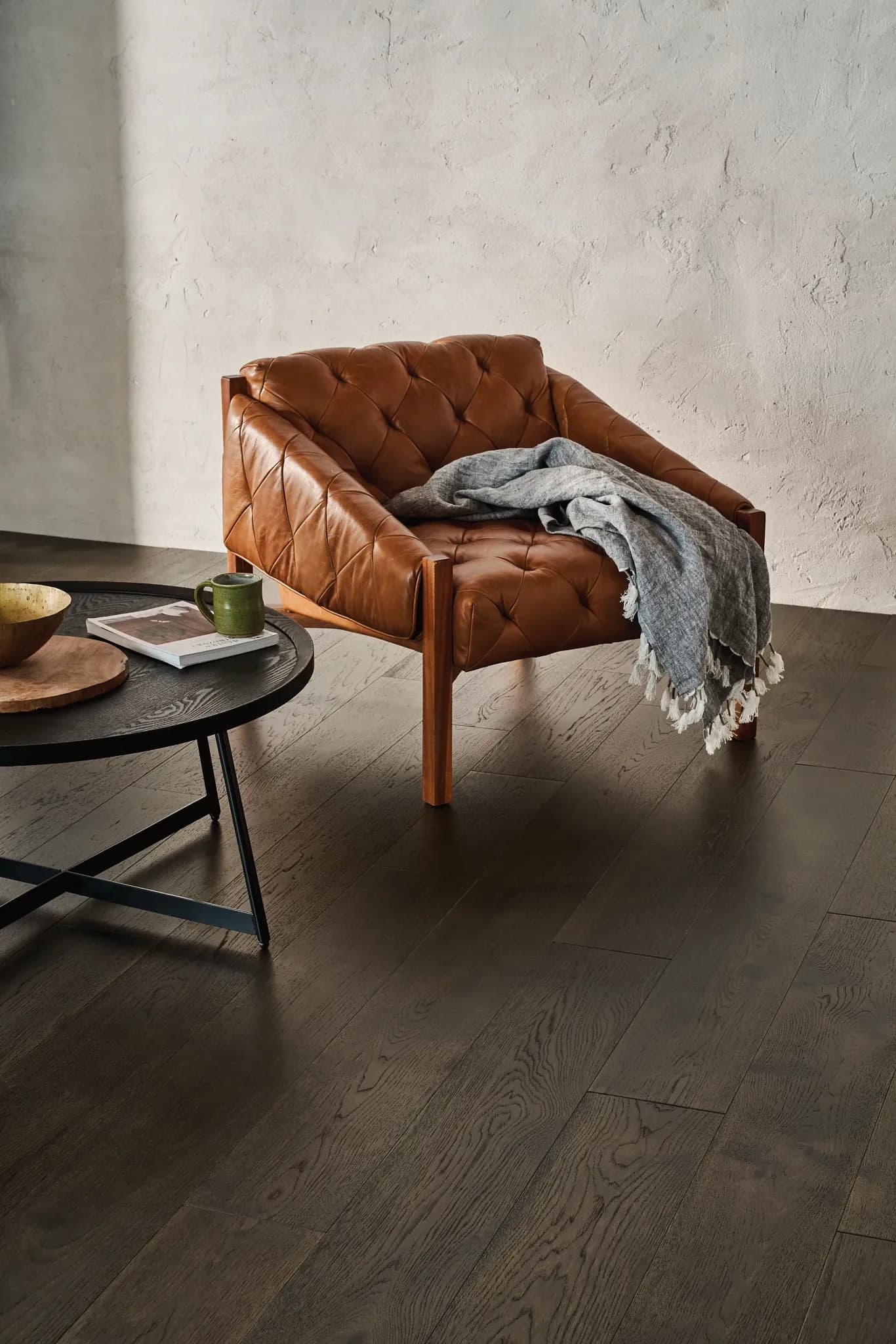 Dark hardwood flooring, Anderson Tuftex Imperial Pecan in Umber, in a living room