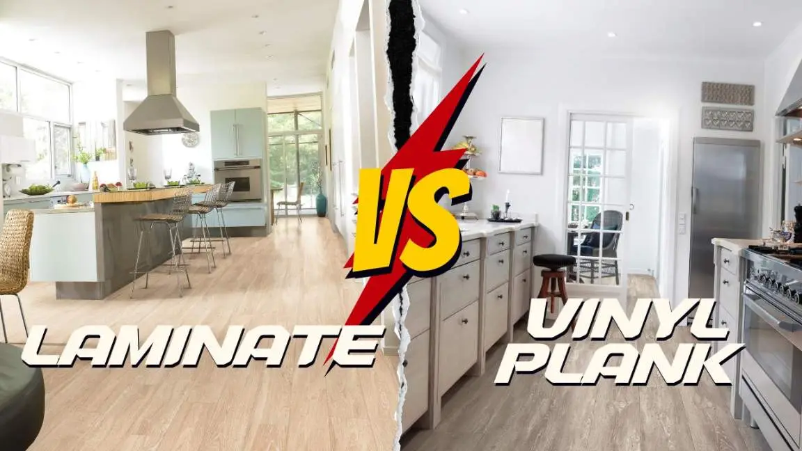 Split-image comparison graphic showing a laminate flooring kitchen on the left and a vinyl plank kitchen on the right