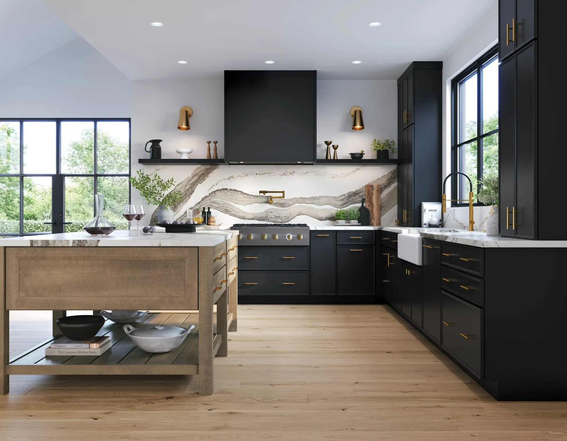 A kitchen with black and wood cabinets, from the Medallion cabinet line we carry