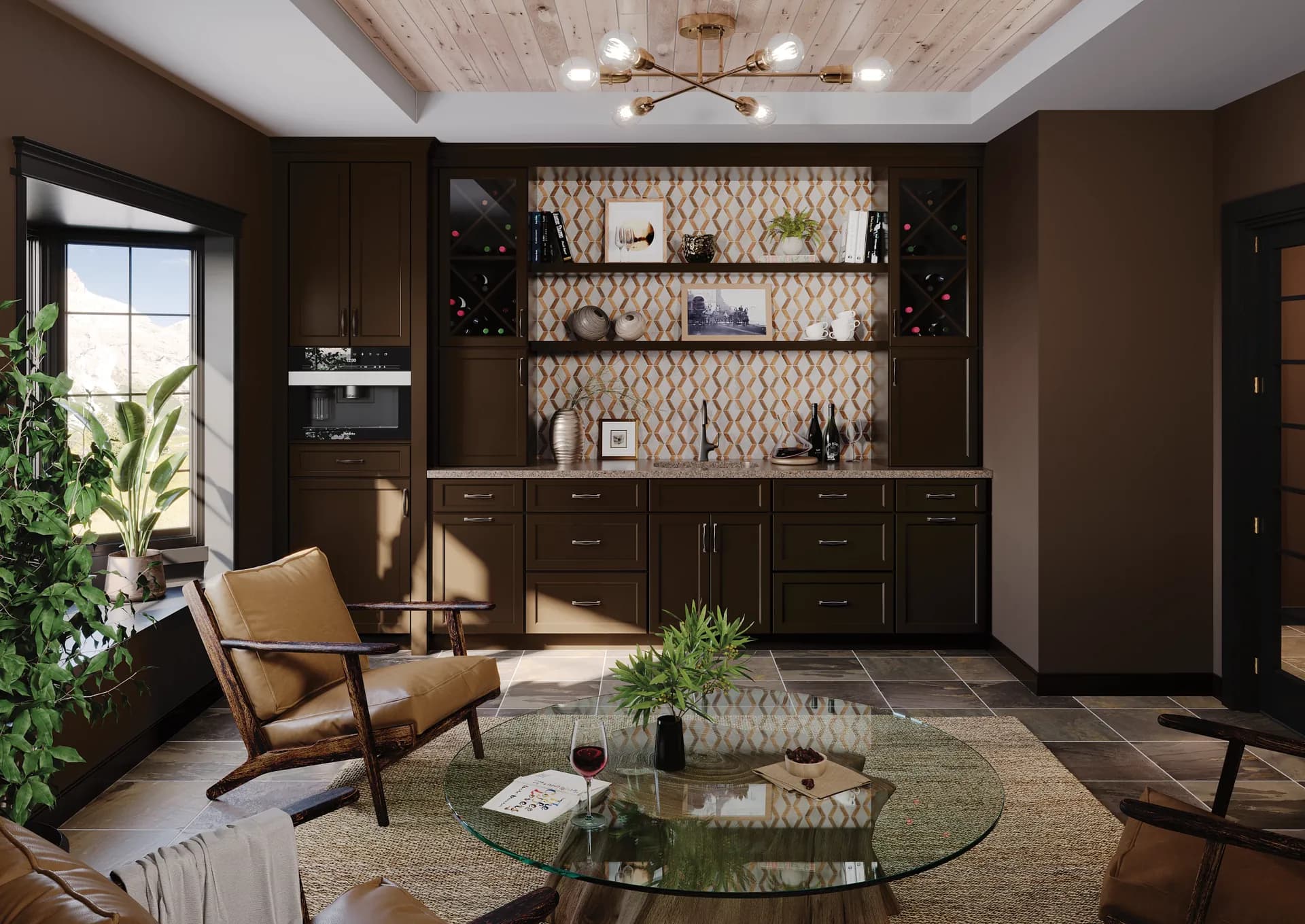 A living space with dark built-in cabinets and open shelving, from the Medallion cabinet line we carry