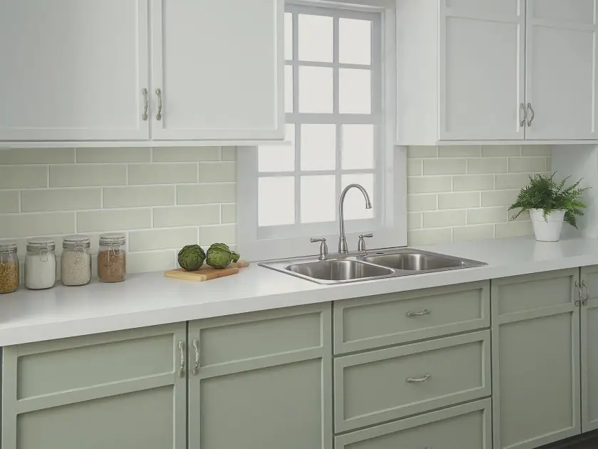 Sage green ceramic subway tile kitchen backsplash with painted lower cabinets and double sink