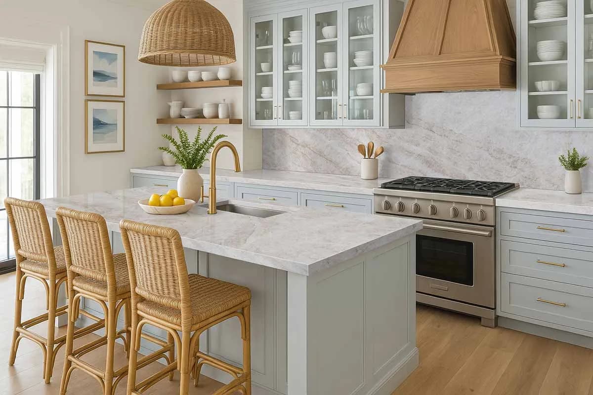 A kitchen island topped in MSI's Taj Mahal quartzite, a marble-look natural stone with soft gold veining