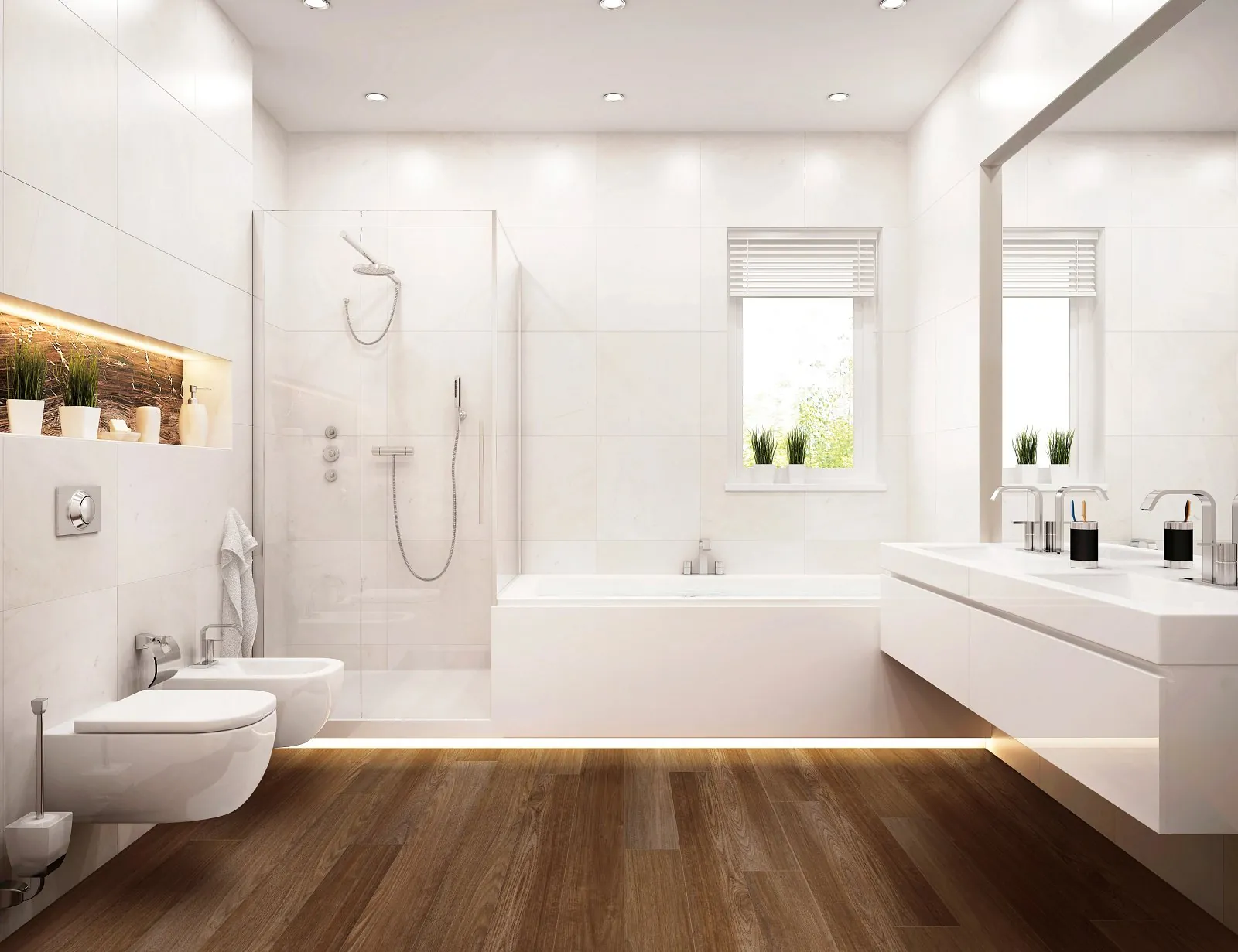 Dark walnut luxury vinyl plank flooring in a modern white bathroom, from the COREtec line we carry
