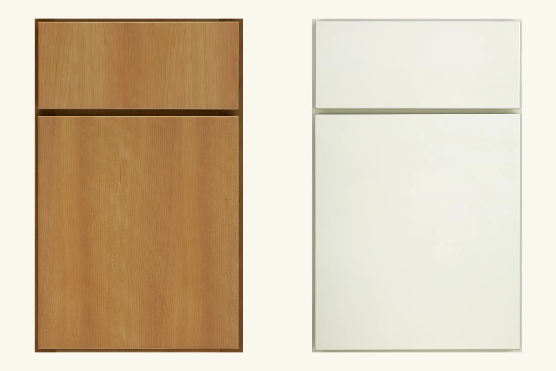 Two Medallion flat-panel slab cabinet doors side by side, Bella in natural cherry and Bella in White Icing paint, one uninterrupted surface with no frame