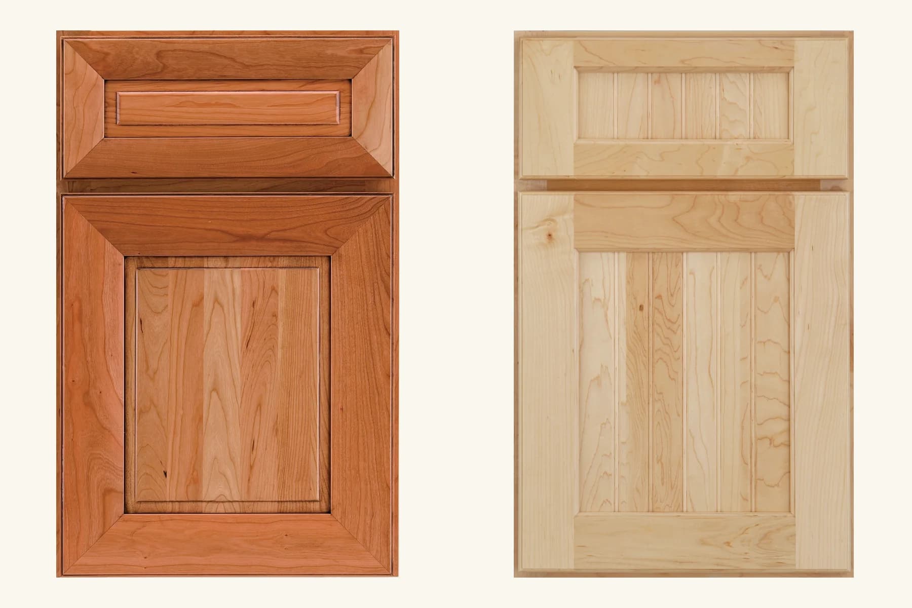 Medallion Venice raised panel door beside a Dana Pointe beaded panel door, the two profiles beyond shaker, slab, and inset