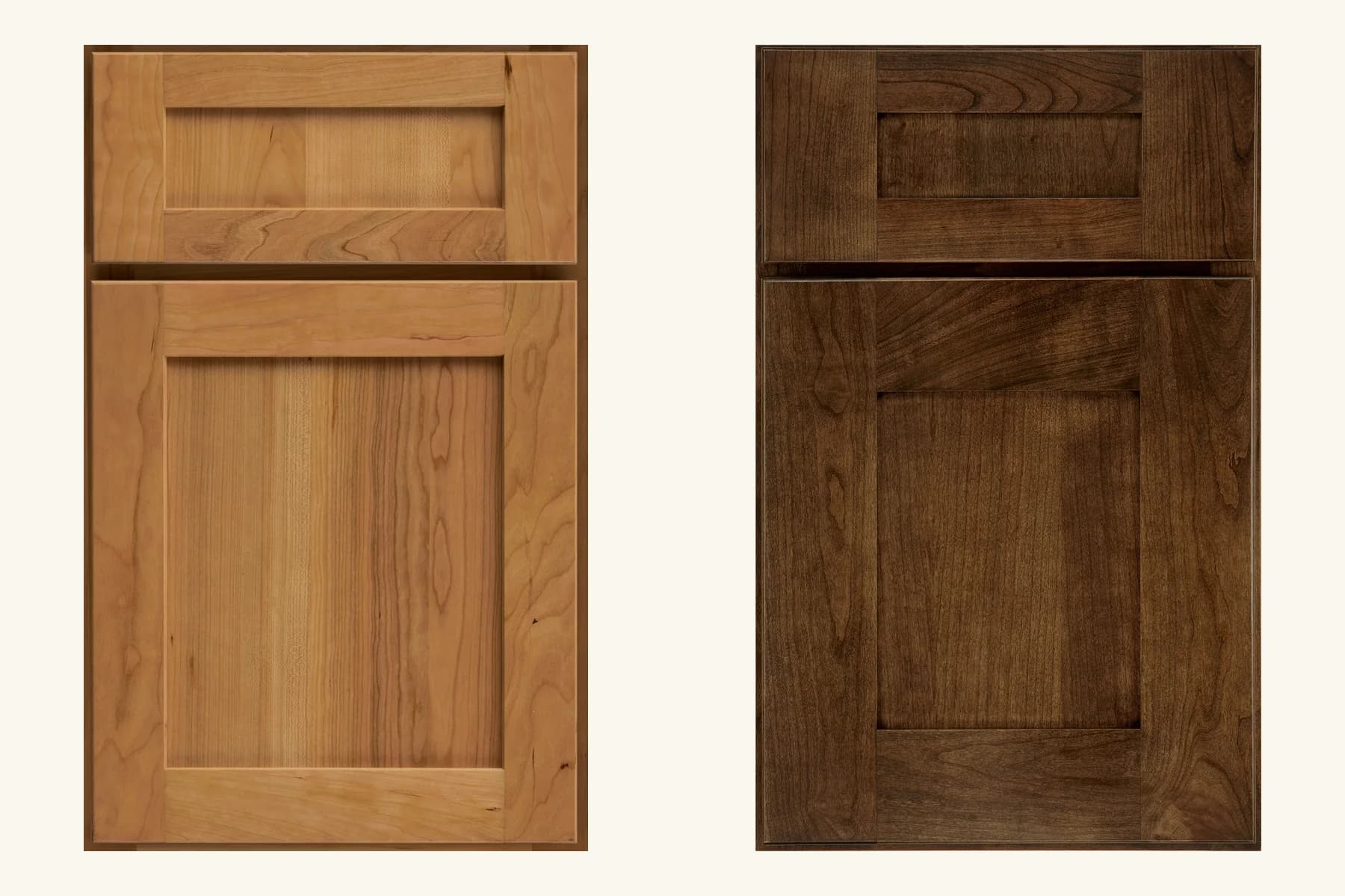 Two Medallion shaker cabinet doors side by side, Potter's Mill in natural cherry and Sonoma in dark Eagle Rock, showing the flat recessed panel and square frame