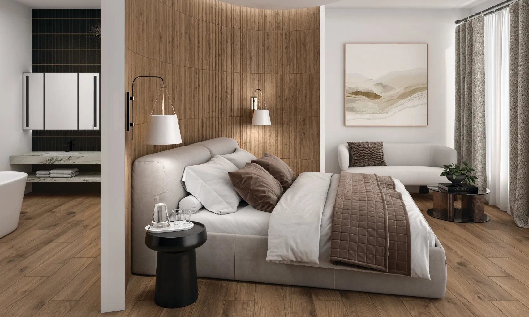 Warm honey wood-look porcelain tile flooring in a bedroom, from the Daltile line we carry