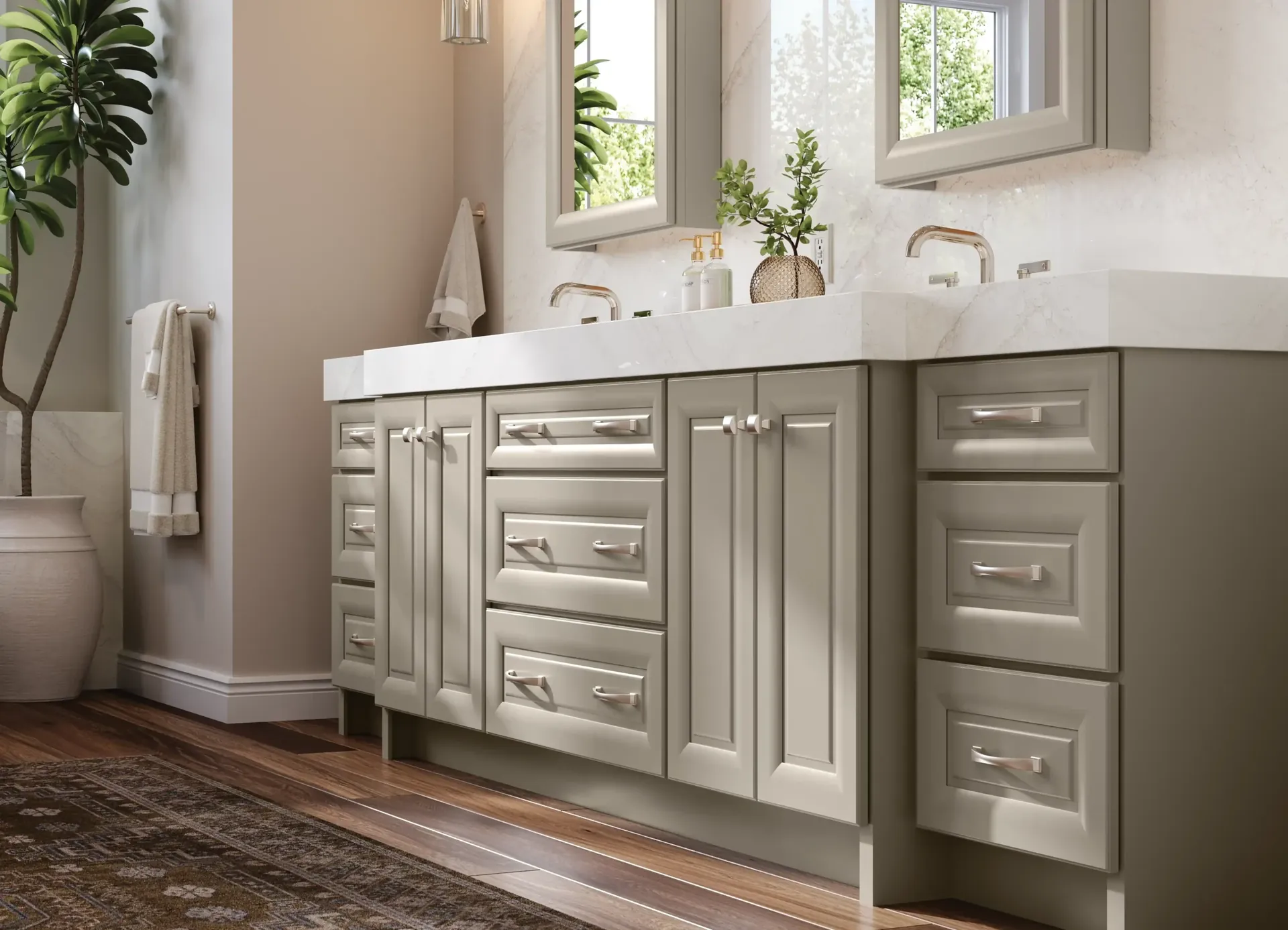 Cabinet drawers and doors with metal pulls and knobs, from the Medallion cabinet line we carry