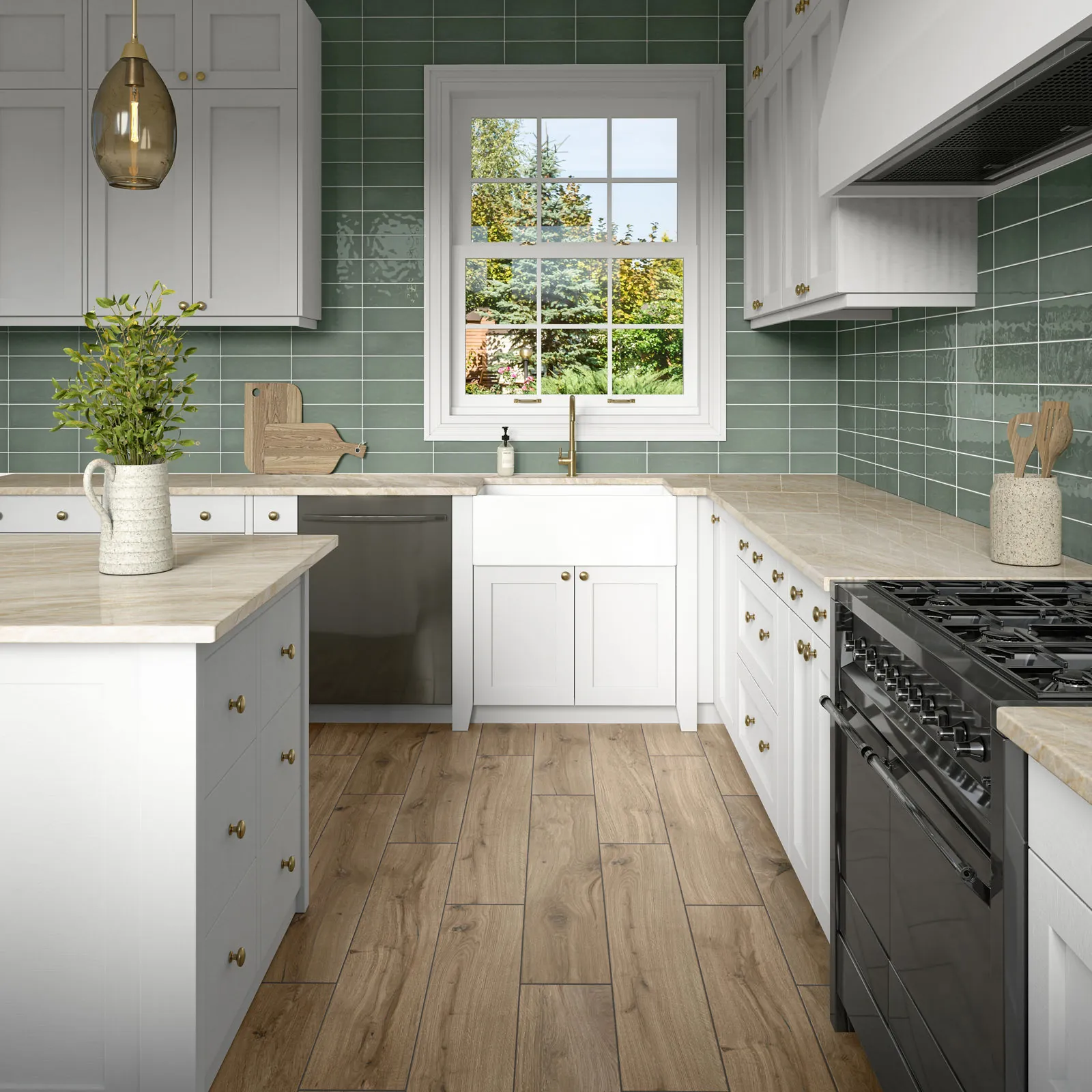 Wood-look porcelain plank tile flooring by Daltile, Acreage in Palomino, in a residential room
