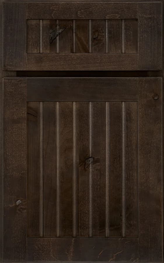 Medallion Potter's Mill Beaded Panel cabinet door shown in the Smoke stain on knotty alder finish, one of the stain options in our Medallion line
