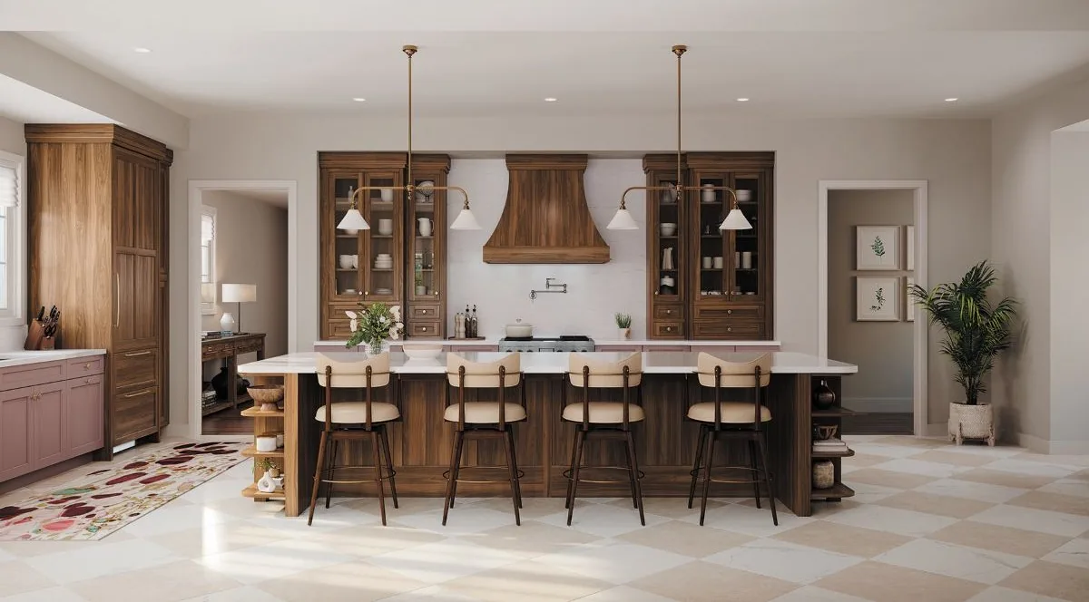 Medallion Platinum Park Place inset cabinets in Natural on walnut, an inset kitchen scene from our Medallion line