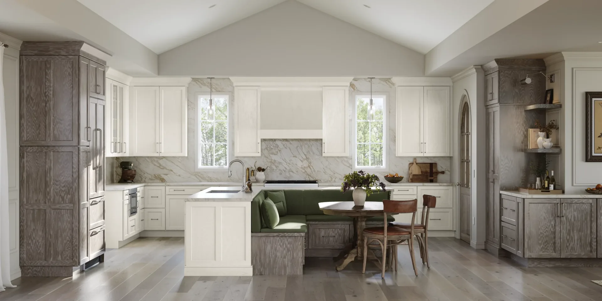 Medallion Zayne kitchen cabinets in White Icing on oak, a Medallion kitchen scene from our cabinet line