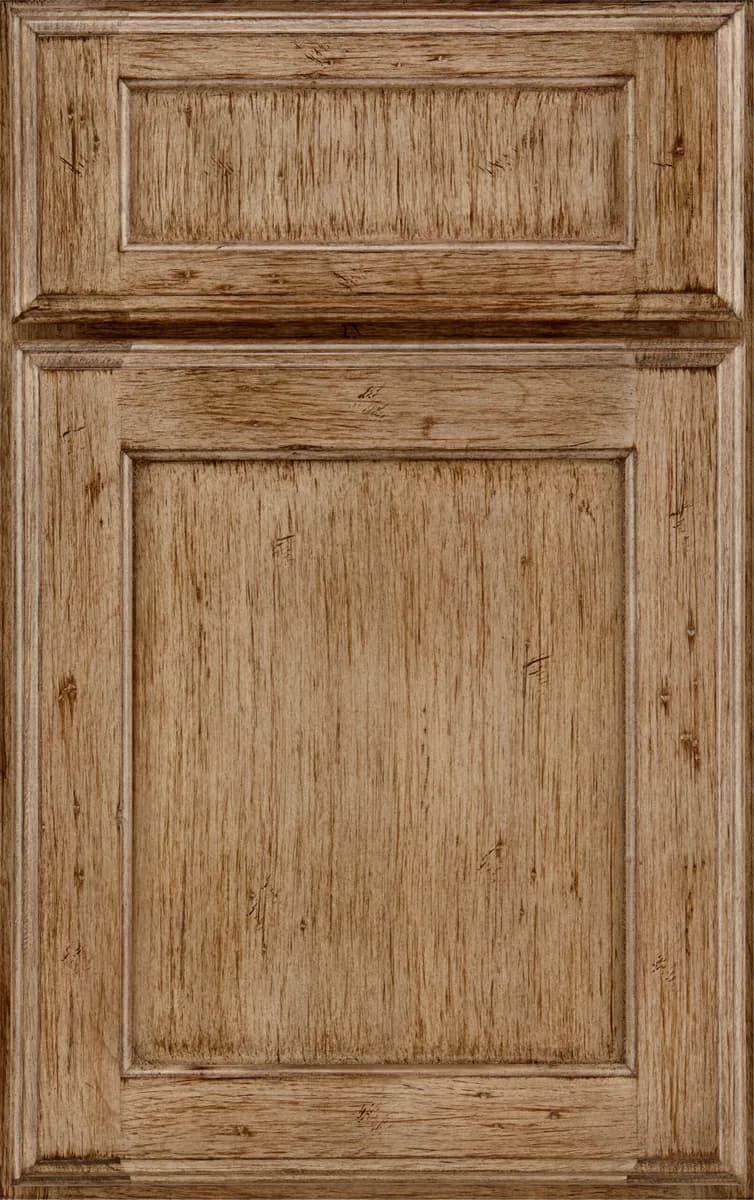 Medallion Brookhill recessed panel cabinet door in Buckskin Appaloosa finish