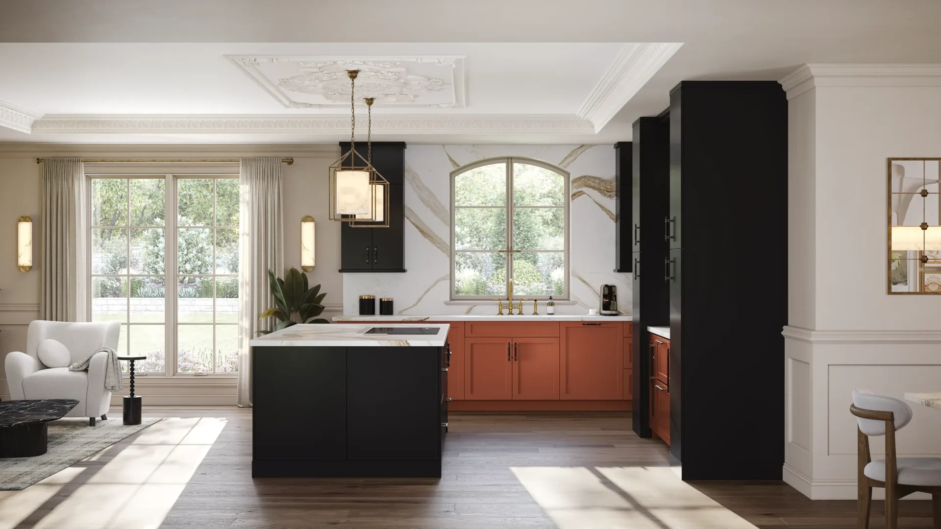 Medallion Potter's Mill Flat Panel shaker cabinets in Canyon with a black Bella island, a Medallion kitchen scene from our cabinet line