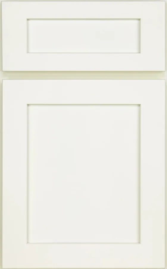 Medallion Potter's Mill Flat Panel cabinet door shown in the White Icing paint finish, one of the paint and stain options in our Medallion line