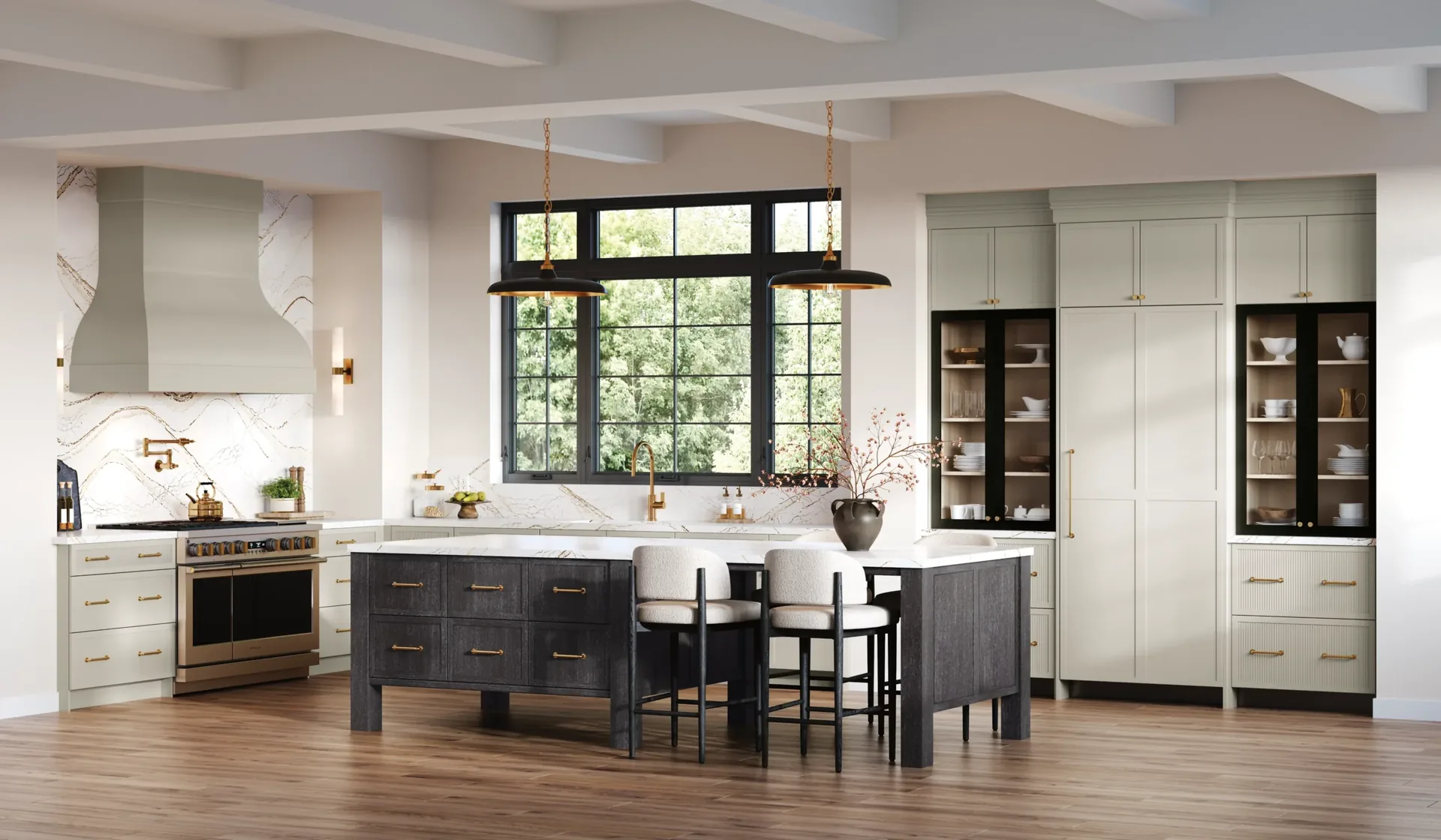 Medallion Audrey Flat Panel shaker style kitchen in Marzipan paint with a dark quartersawn oak island, from our Medallion line