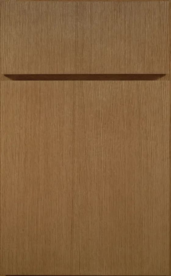 Medallion Bella slab cabinet door shown in Biscotti stain on straight-grain oak, one of the finish options in our Medallion line