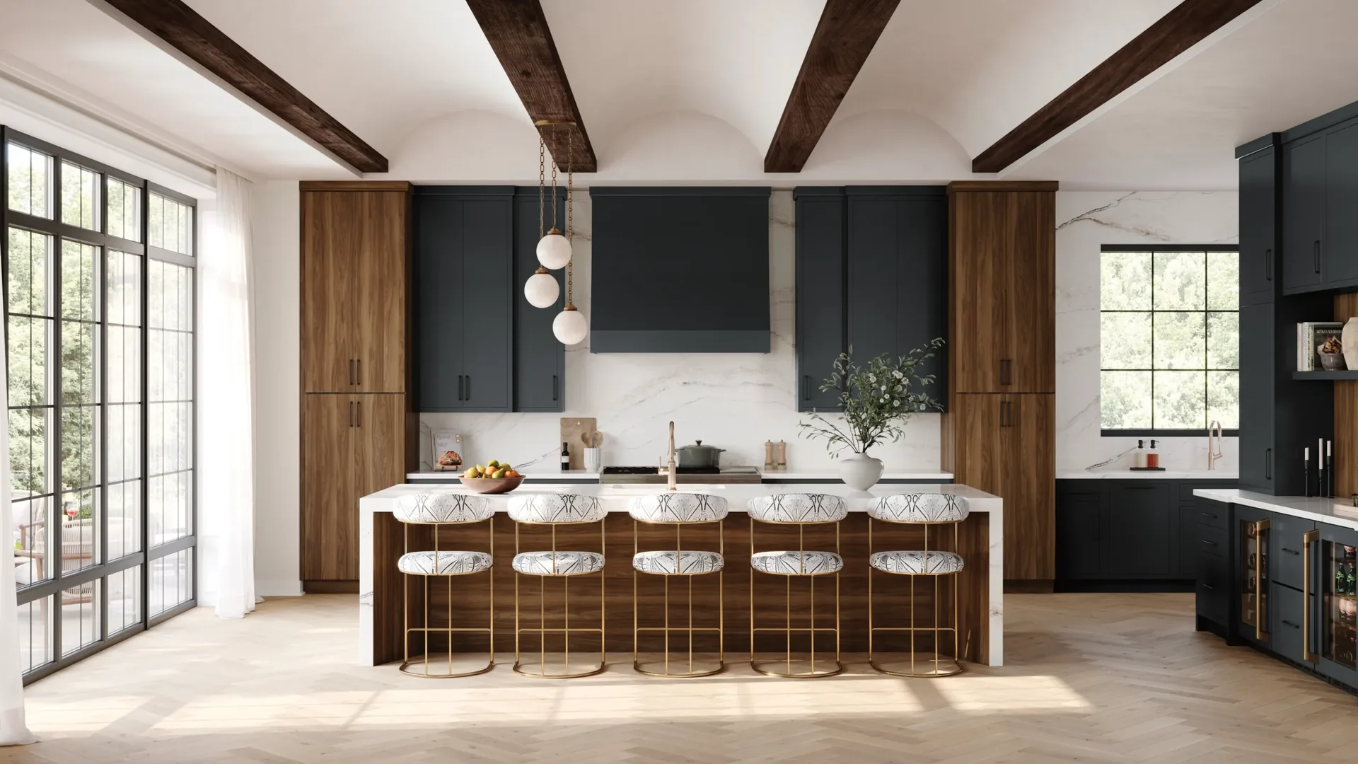 Medallion Bella slab cabinets in natural walnut with a black island, a Medallion kitchen scene from our cabinet line
