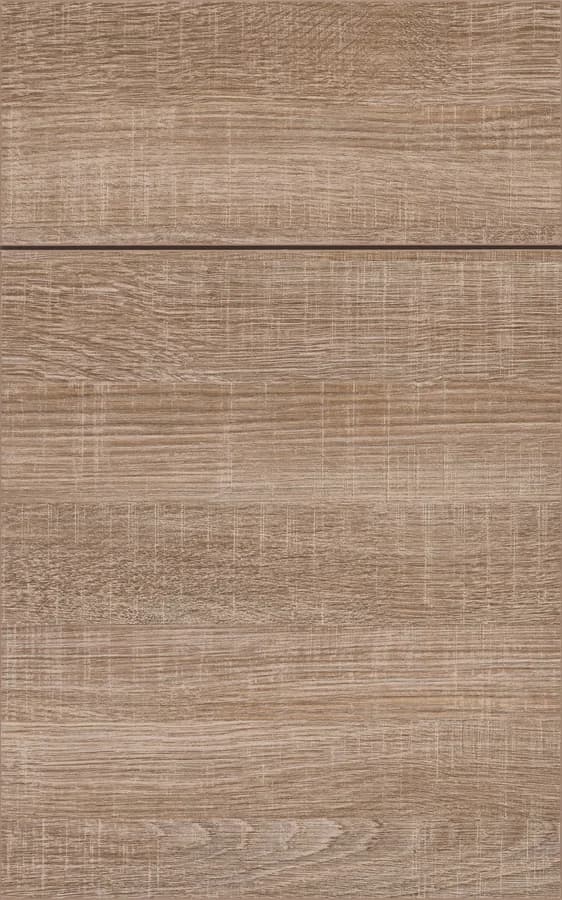 Medallion Horizon Peak textured melamine slab cabinet door in Desert Wood, available through our Medallion line