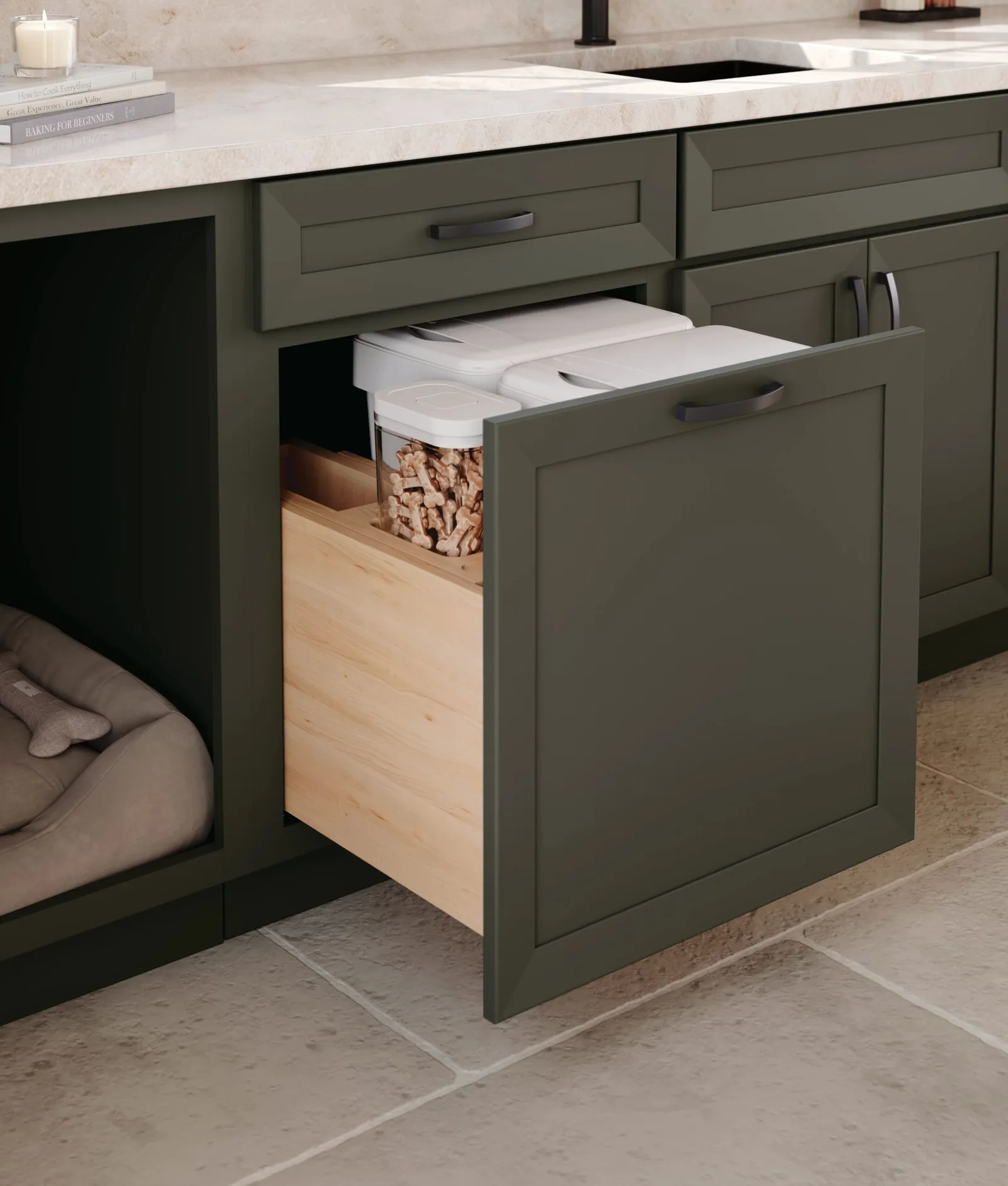 A Medallion base cabinet with a pull-out pet food bin, part of a built-in pet feeding station