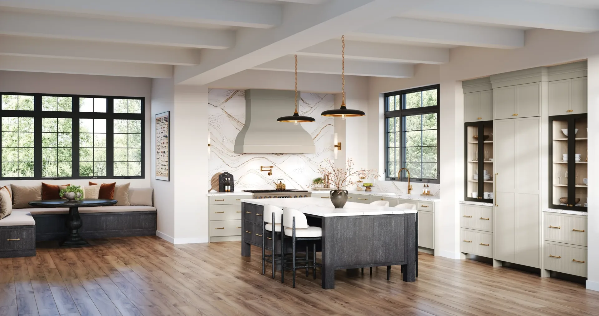 Medallion Audrey Flat Panel kitchen in Marzipan paint with a dark quartersawn oak island, a Medallion kitchen scene from our cabinet line