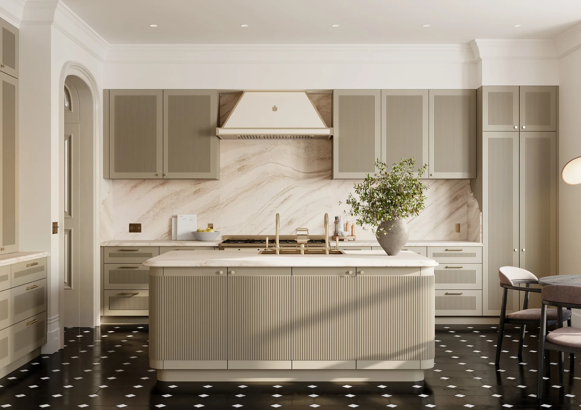 Cambria Everleigh Warm quartz countertops in a cream kitchen, from the Cambria line we carry