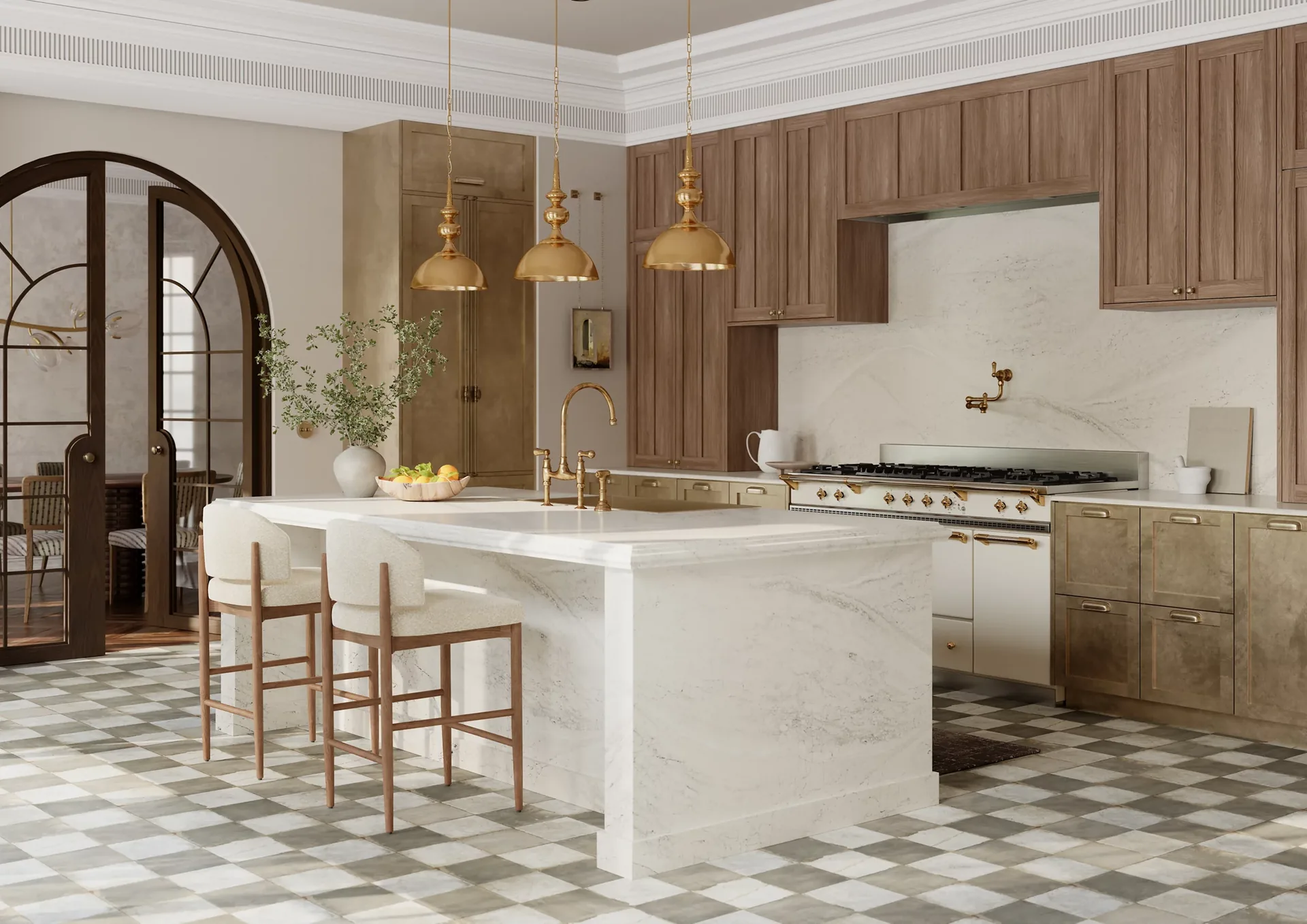 Cambria quartz island and backsplash in a kitchen with an arched doorway. Cambria dealer in Winter Haven, FL