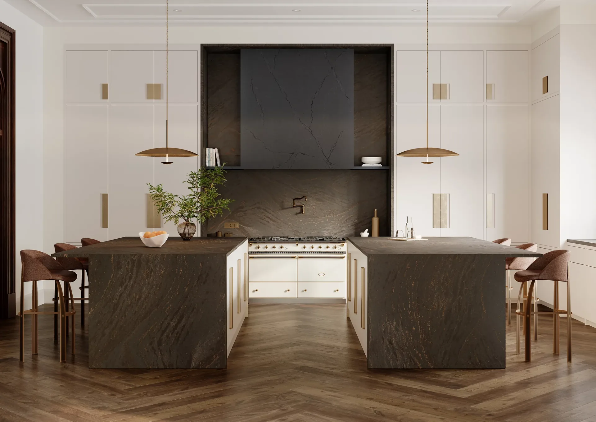 Double kitchen islands topped in Cambria quartz, one of the quartz brands Blackburn's Interiors carries in Winter Haven, FL