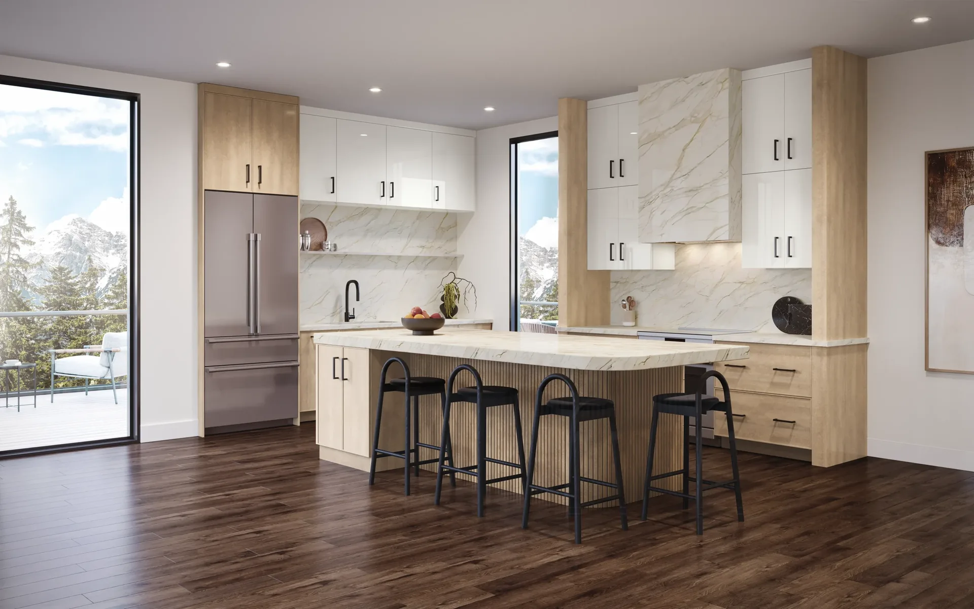 Medallion Finch kitchen in Gossamer on quartersawn oak with Gibson high gloss uppers in White Dahlia, from our Medallion line