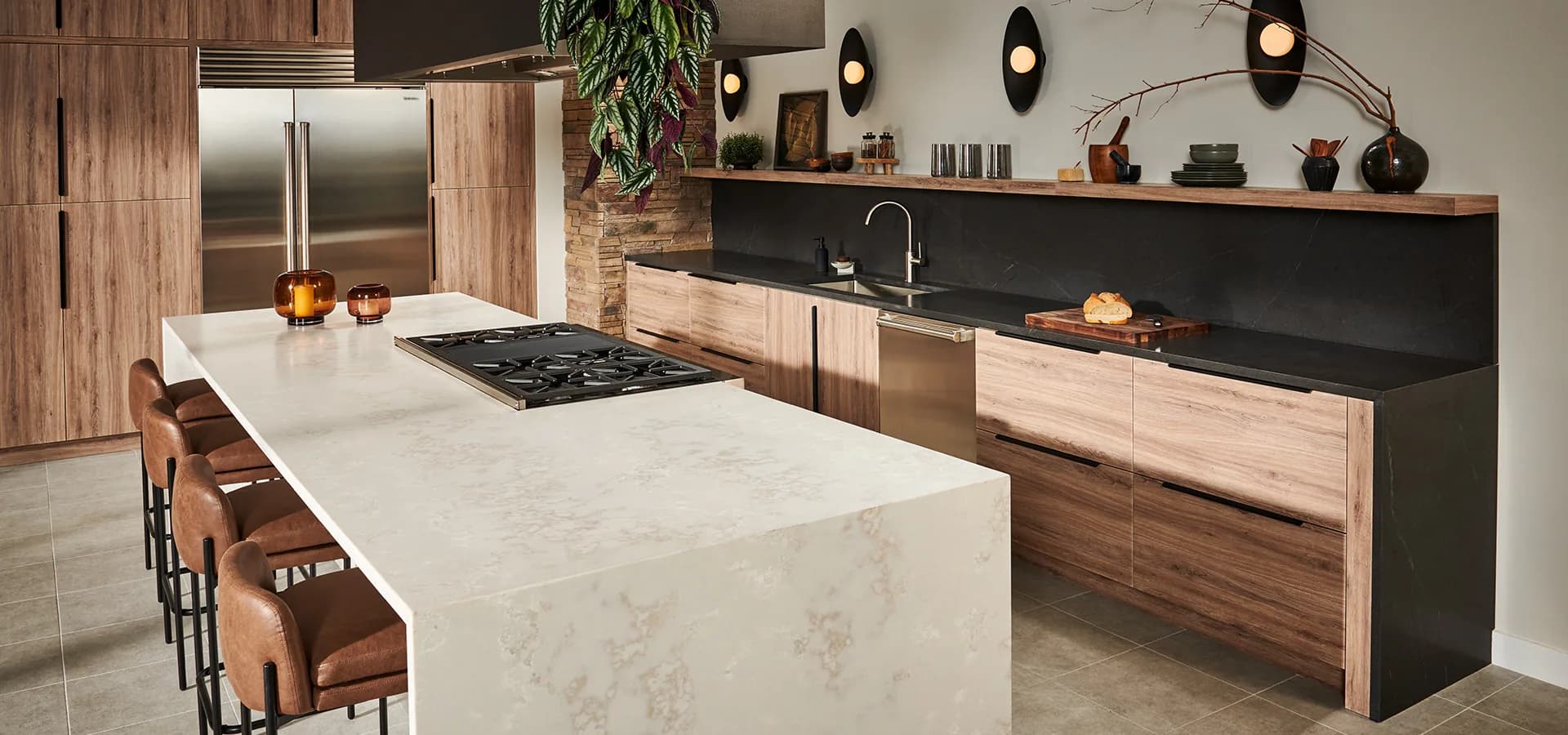 Wilsonart countertop surfaces in a modern wood kitchen, from the Wilsonart line we carry