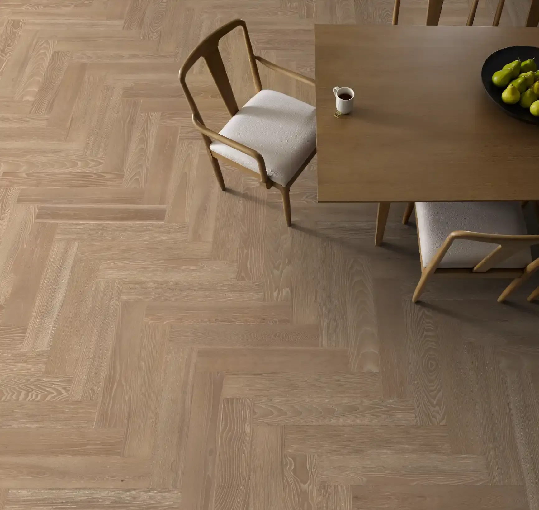 Anderson Tuftex European Ash herringbone hardwood in Ballet in a dining room. Carried by Blackburn's Interiors, Winter Haven, FL