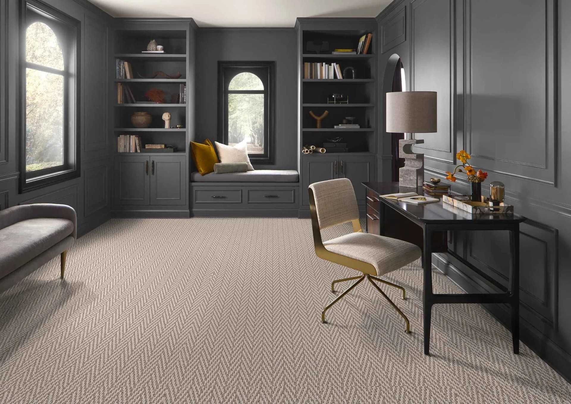 Anderson Tuftex Always Natural pattern-loop carpet in a study with dark built-ins. Carried by Blackburn's Interiors in Winter Haven, FL