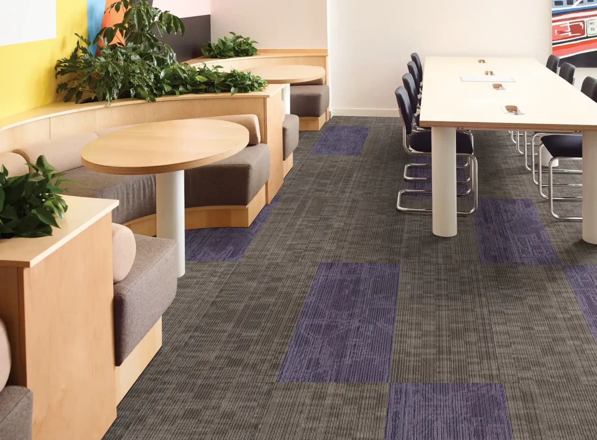 Philadelphia Commercial carpet tile in a school cafeteria and collaboration area. Carried by Blackburn's Interiors, Winter Haven, FL