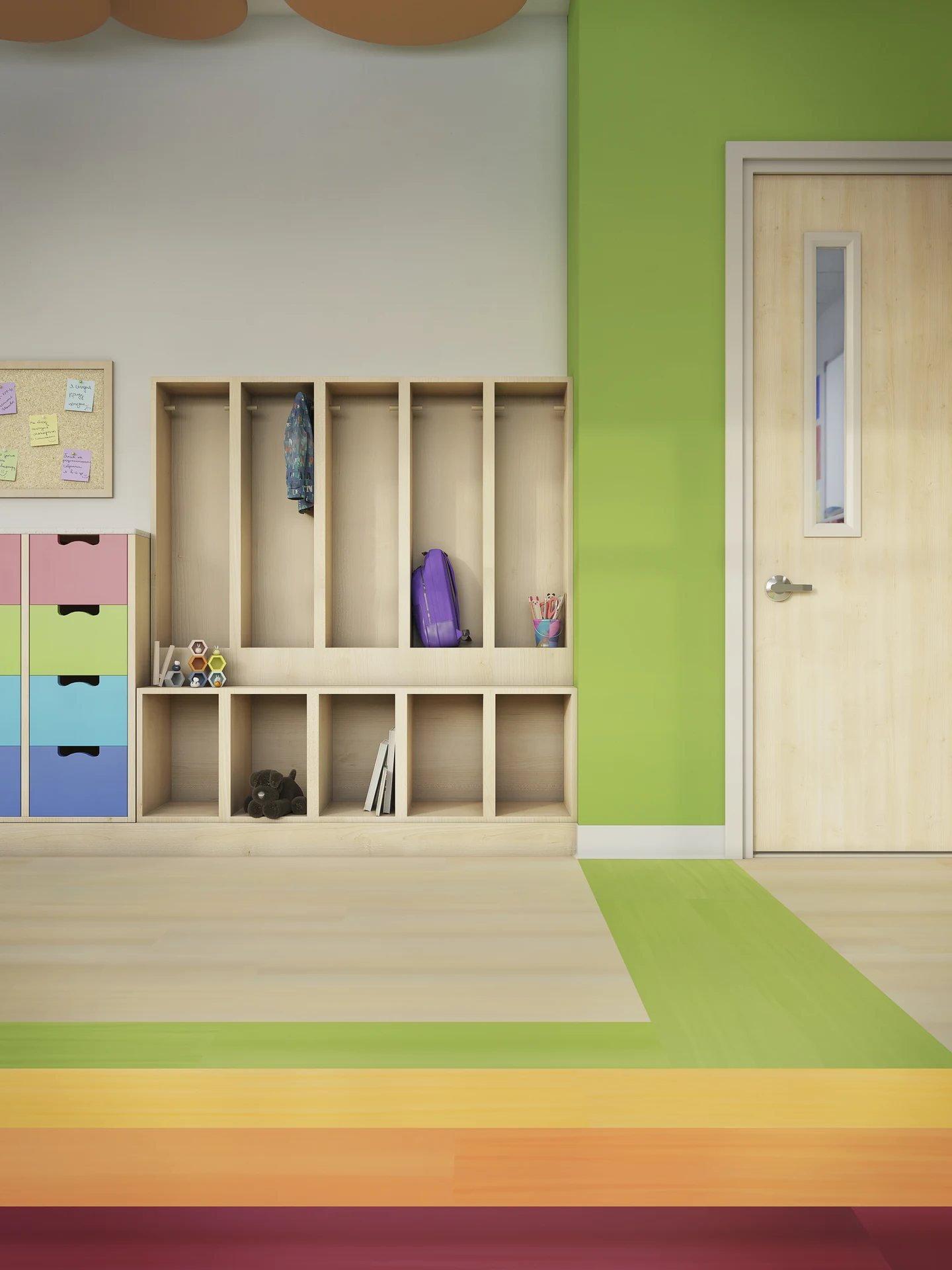 Philadelphia Commercial wood-look resilient plank flooring with bright color bands in a classroom entry with wood cubbies and a green wall.