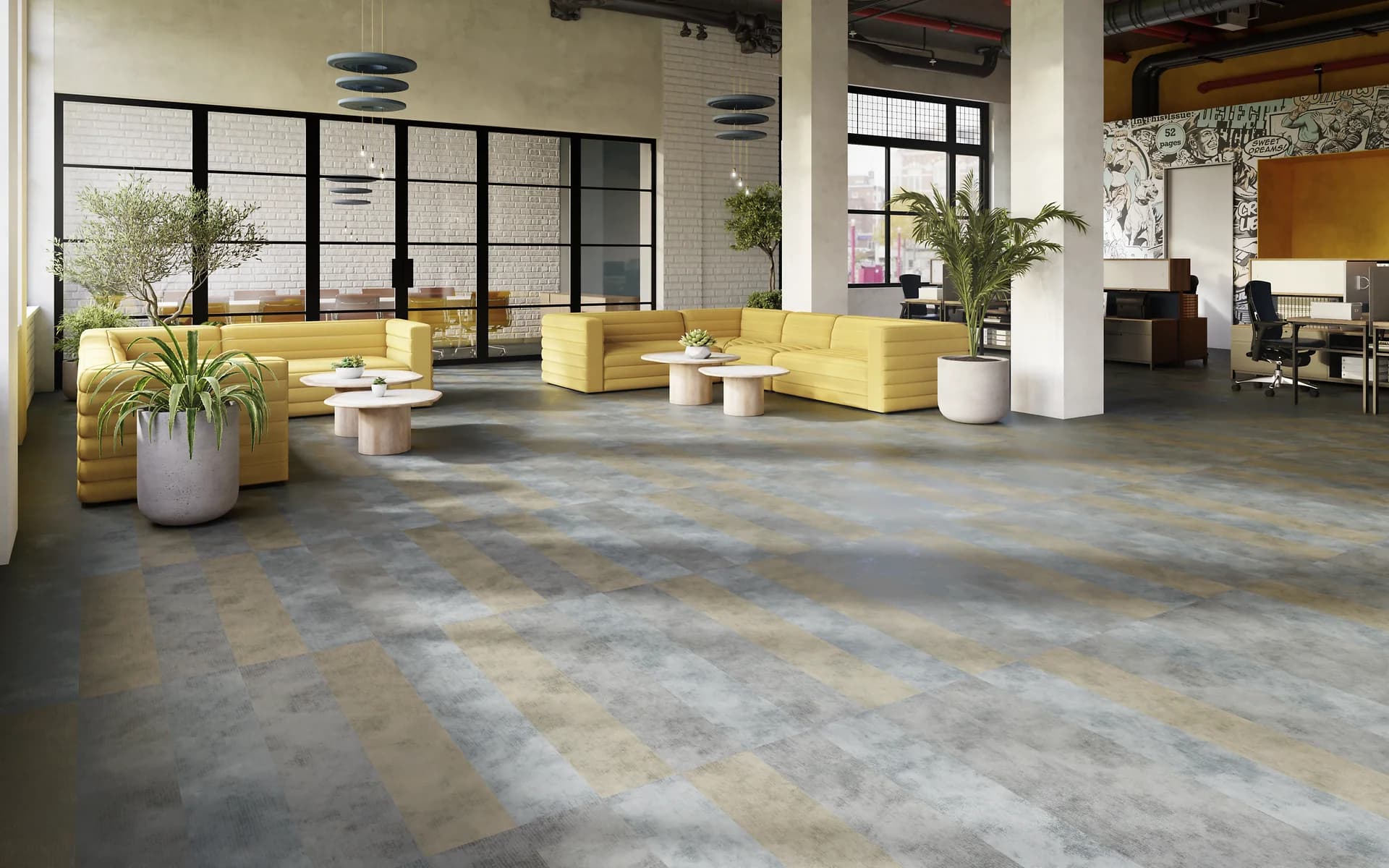Philadelphia Commercial plank flooring in an open office lounge with modular seating. Commercial flooring for Auburndale, FL businesses