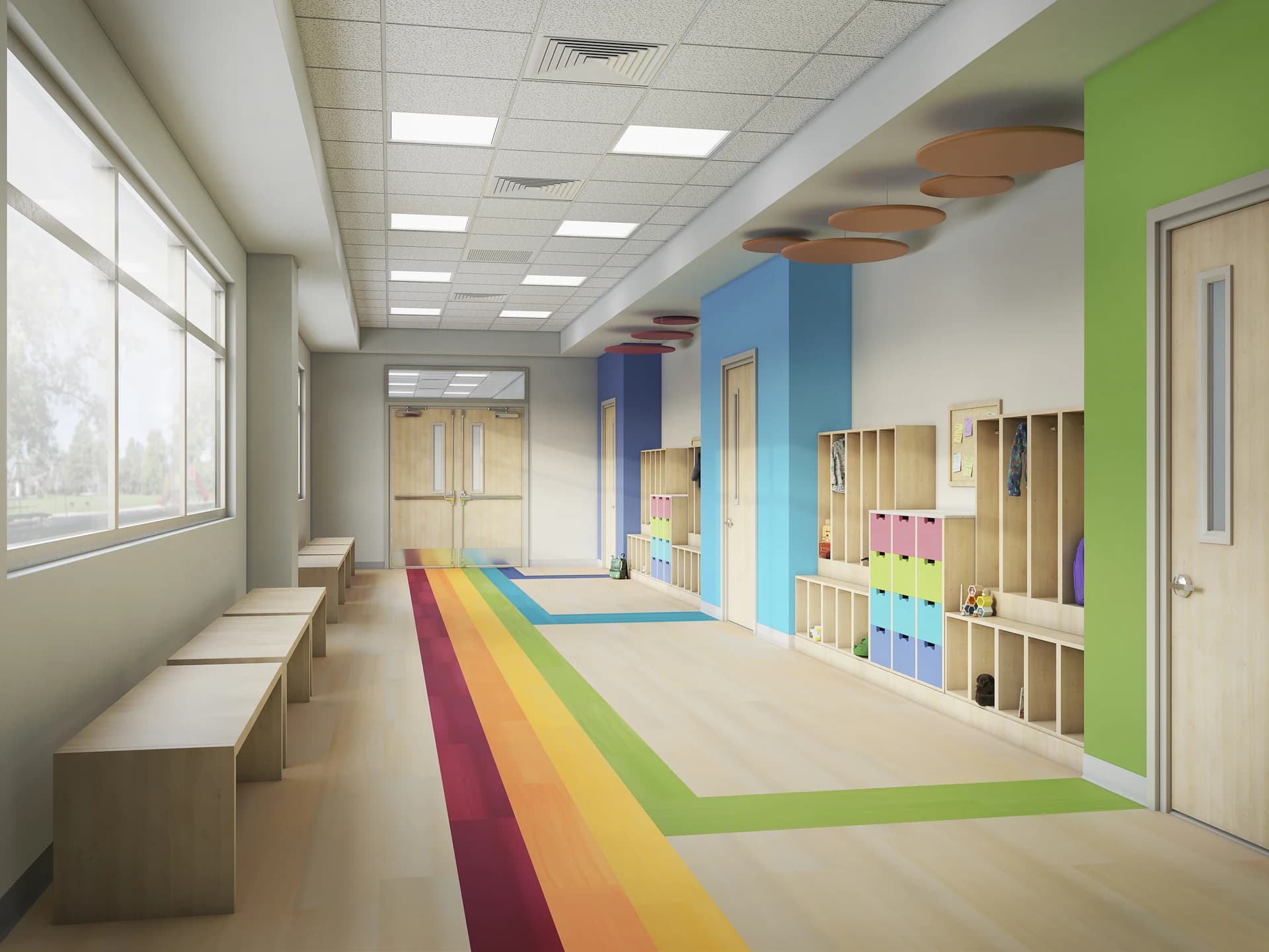 Philadelphia Commercial wood look plank with colored stripe inlays in a school corridor. Commercial flooring for Haines City, FL businesses